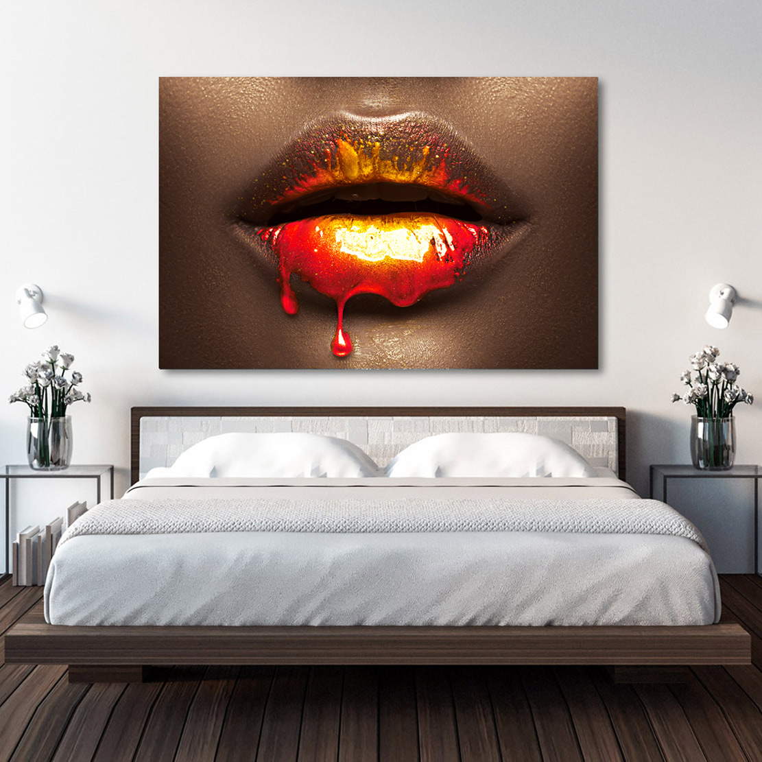 Wandbild Leinwandbild Erotische Lippen Rot Gold