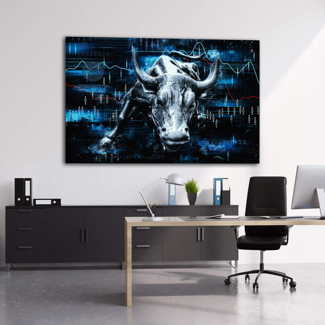 Wandbild Leinwandbild Börse Stier abstrakt blue