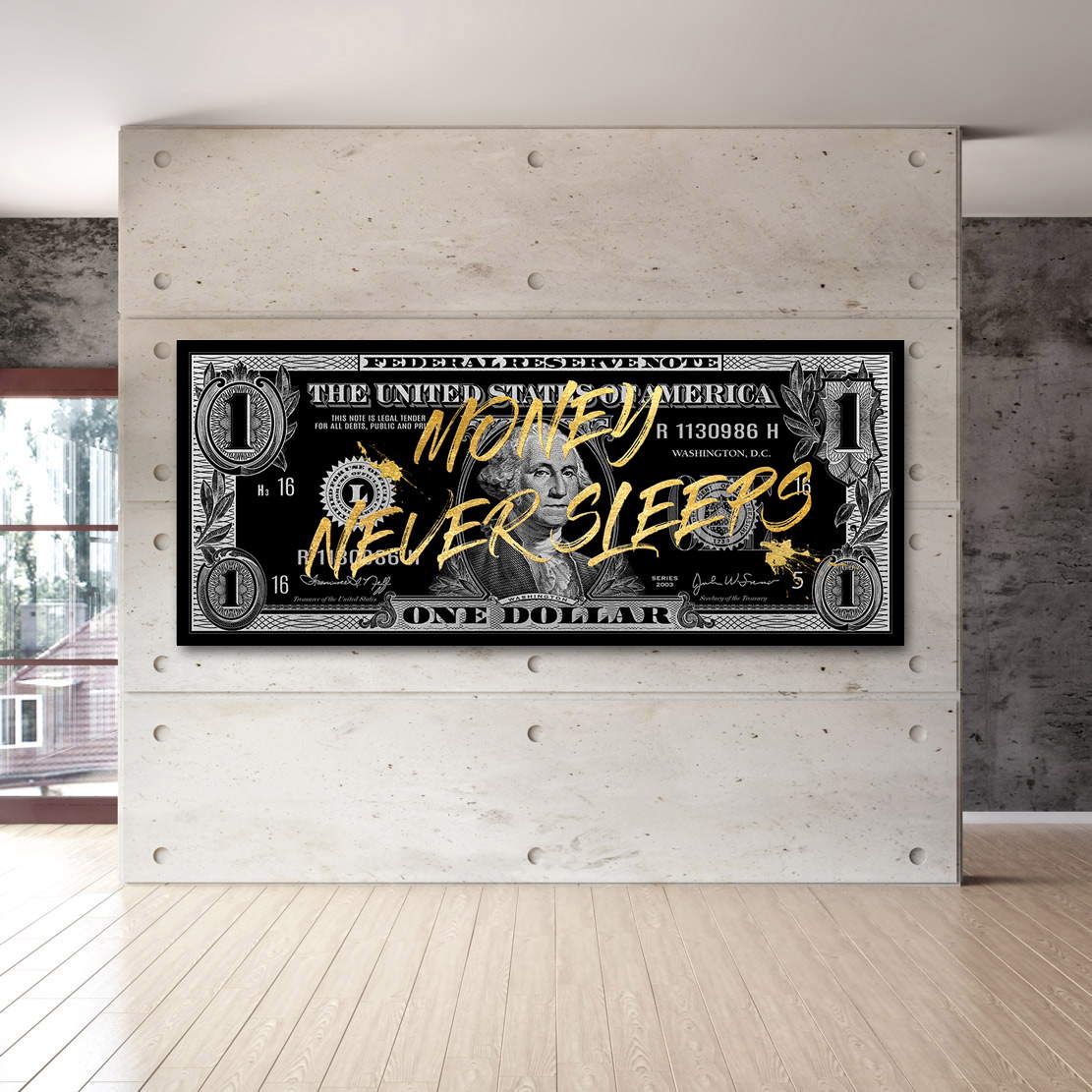 Wandbild Leinwandbild One Dollar Money never sleeps Silver