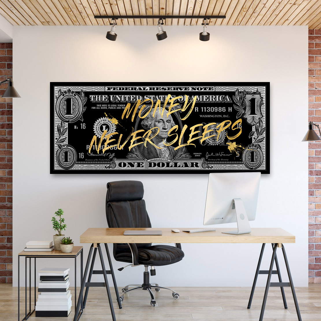 Wandbild Leinwandbild One Dollar Money never sleeps Silver