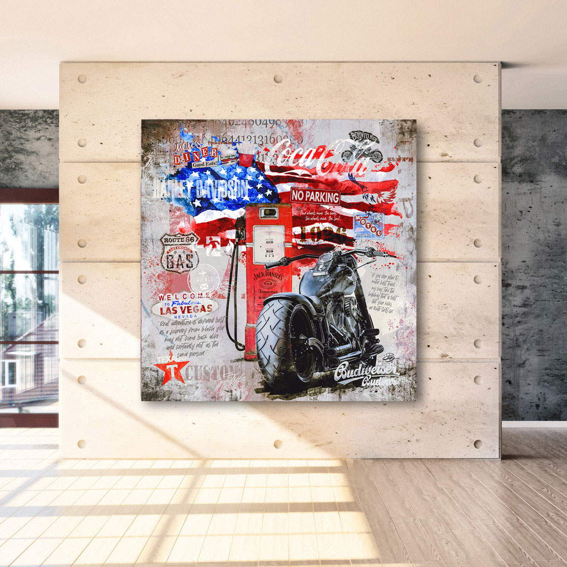 Wandbild Leinwandbild Harley Davidson Route 66 Grey Style