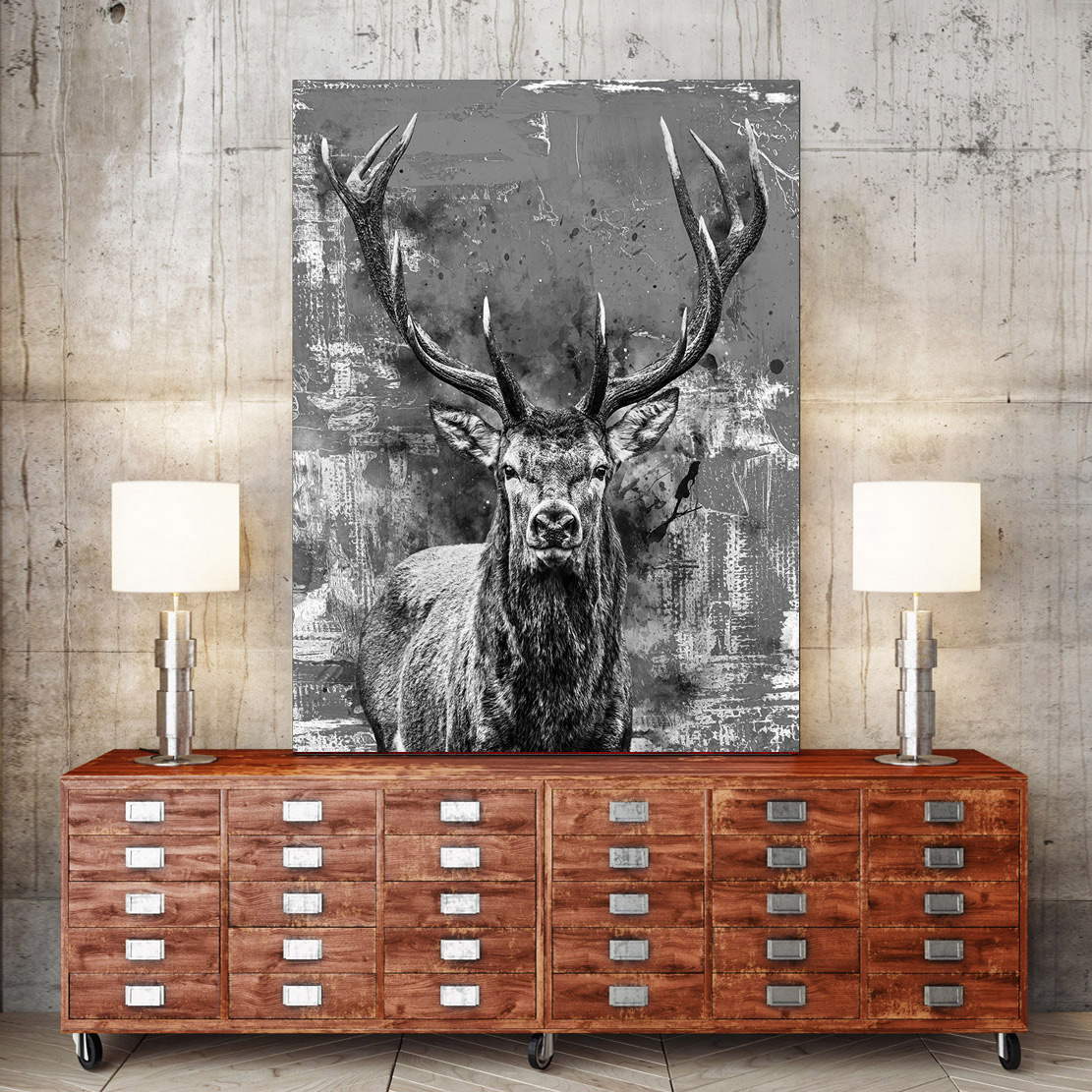 Wandbild Leinwandbild Hirsch abstrakt grey and white