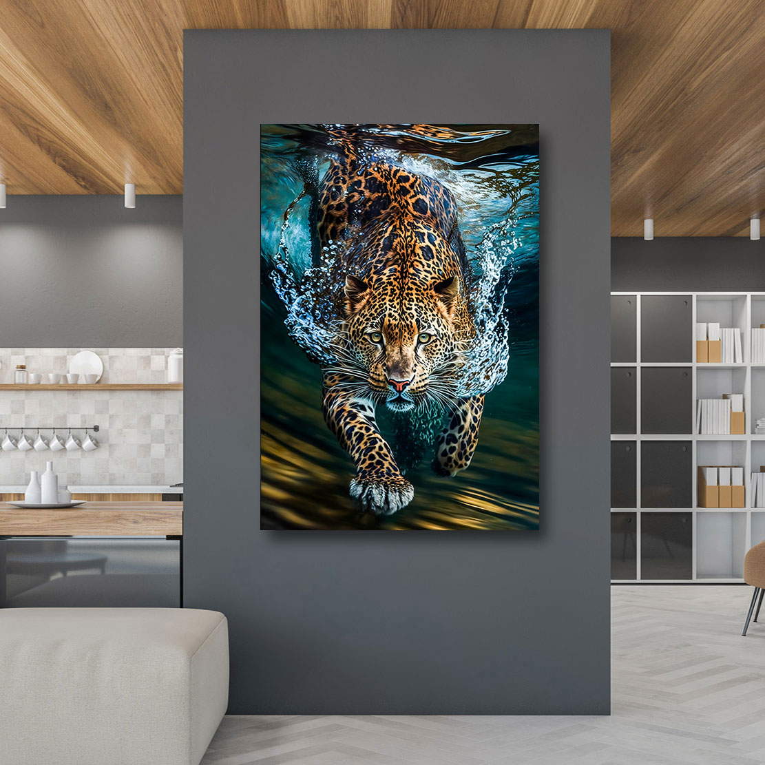 Leinwandbild Tauchender Leopard