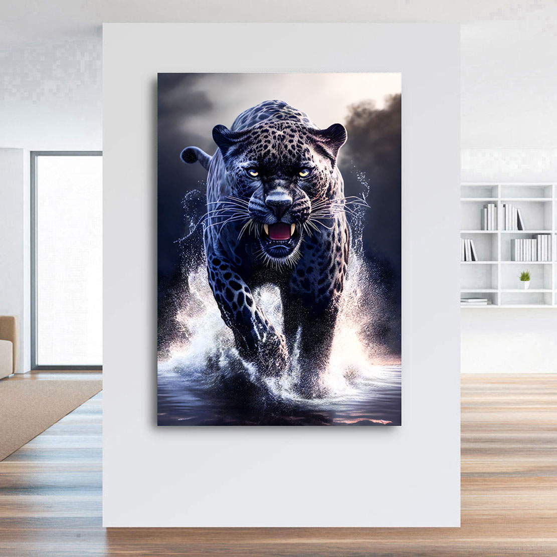 Leinwandbild Schwarzer Leopard im Wasser