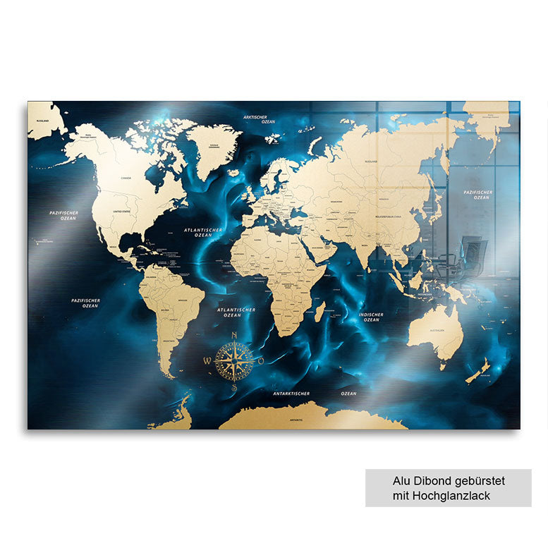 Wandbild Weltkarte Ocean Blue