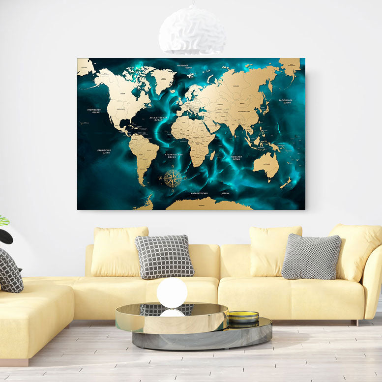 Wandbild Weltkarte Ocean Türkis