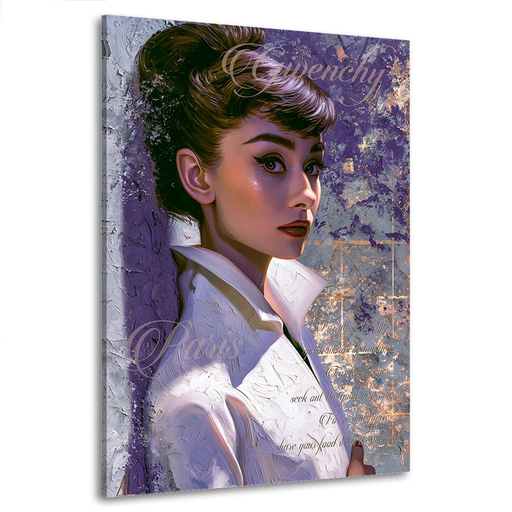 Audrey Hepburn Porträt in Violett und Gold von MENZART