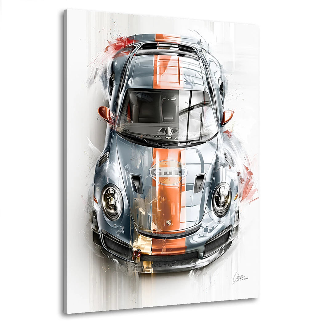 Porsche 911 GT3 RS im Gulf Design als Motorsport Kunst von MENZART