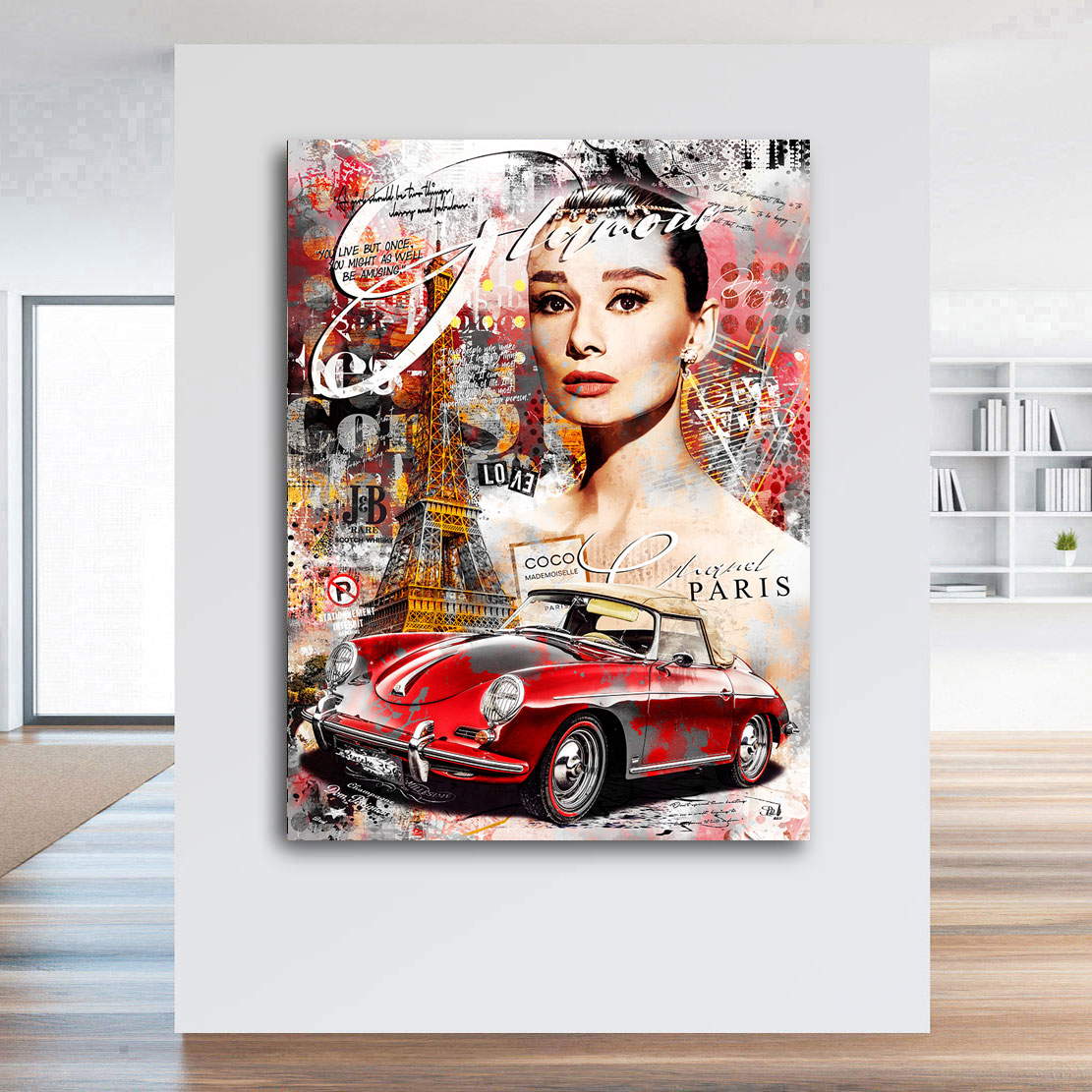 Leinwandbild Audrey Hepburn Porsche Pop Art Glamour