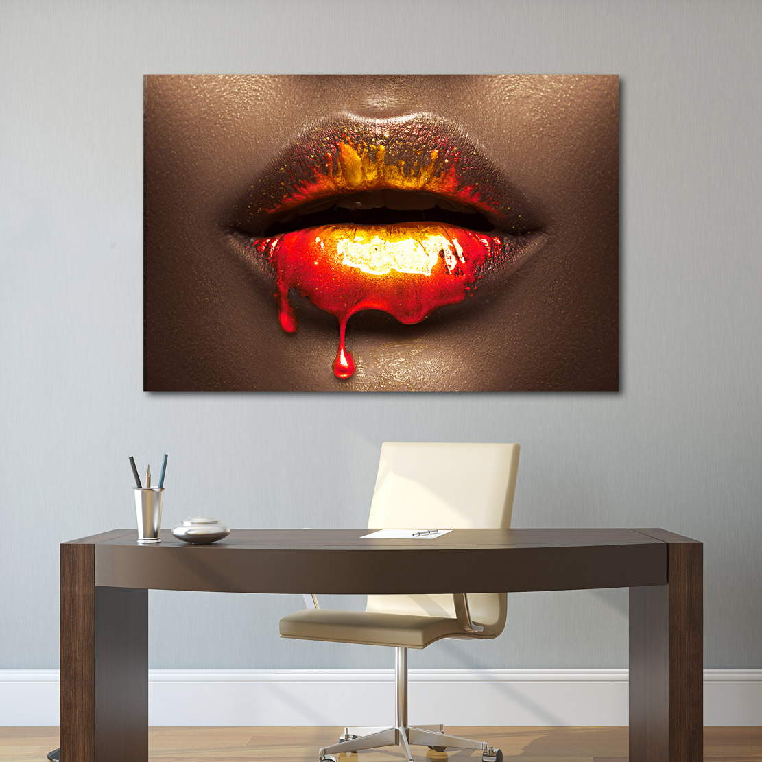 Wandbild Leinwandbild Erotische Lippen Rot Gold
