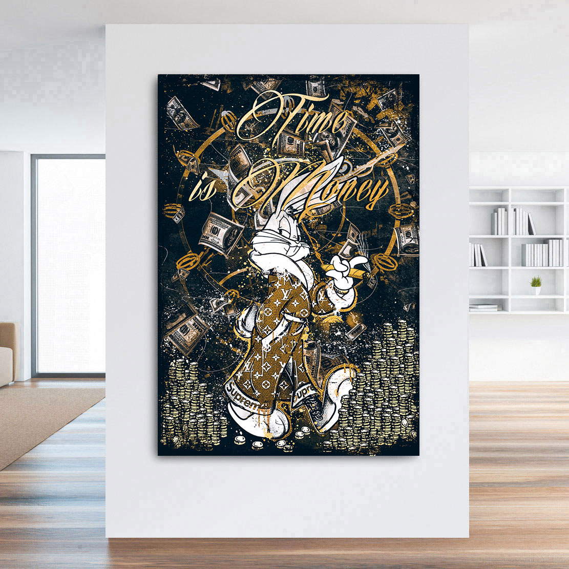 Leinwandbild Mr. Bunny Time is Money Black Style