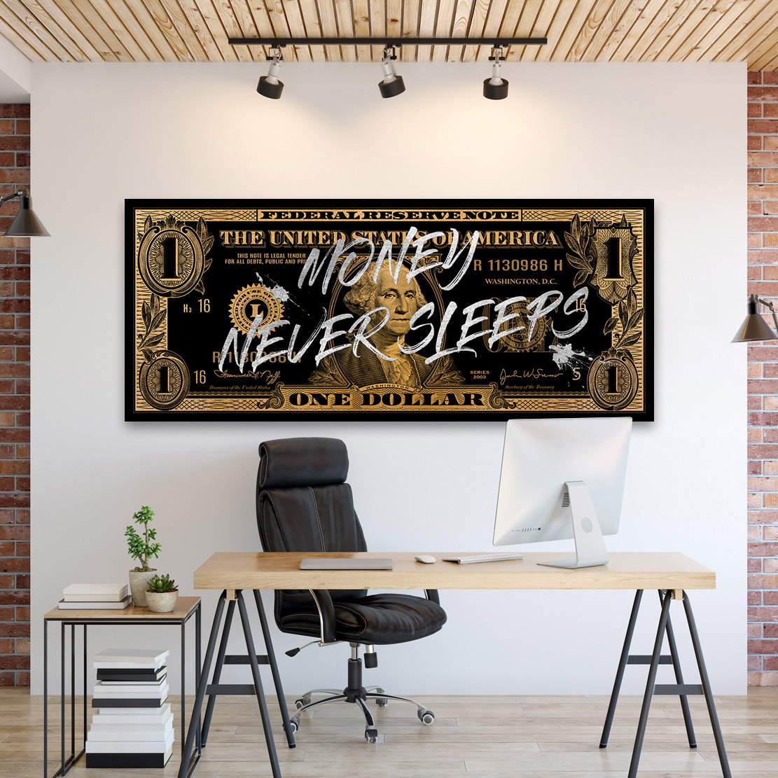 Wandbild Leinwandbild One Dollar Money never sleeps Gold