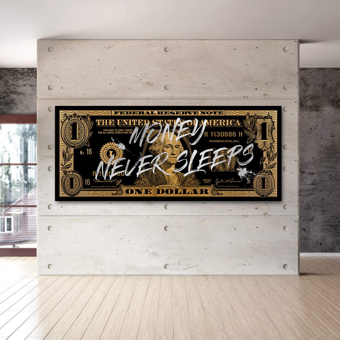Wandbild Leinwandbild One Dollar Money never sleeps Gold
