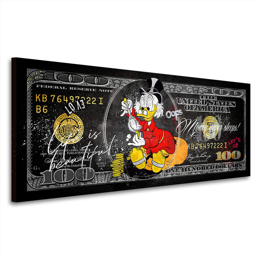 Leinwandbild Dagobert Dollar Life is beautiful Black Pop Art Style