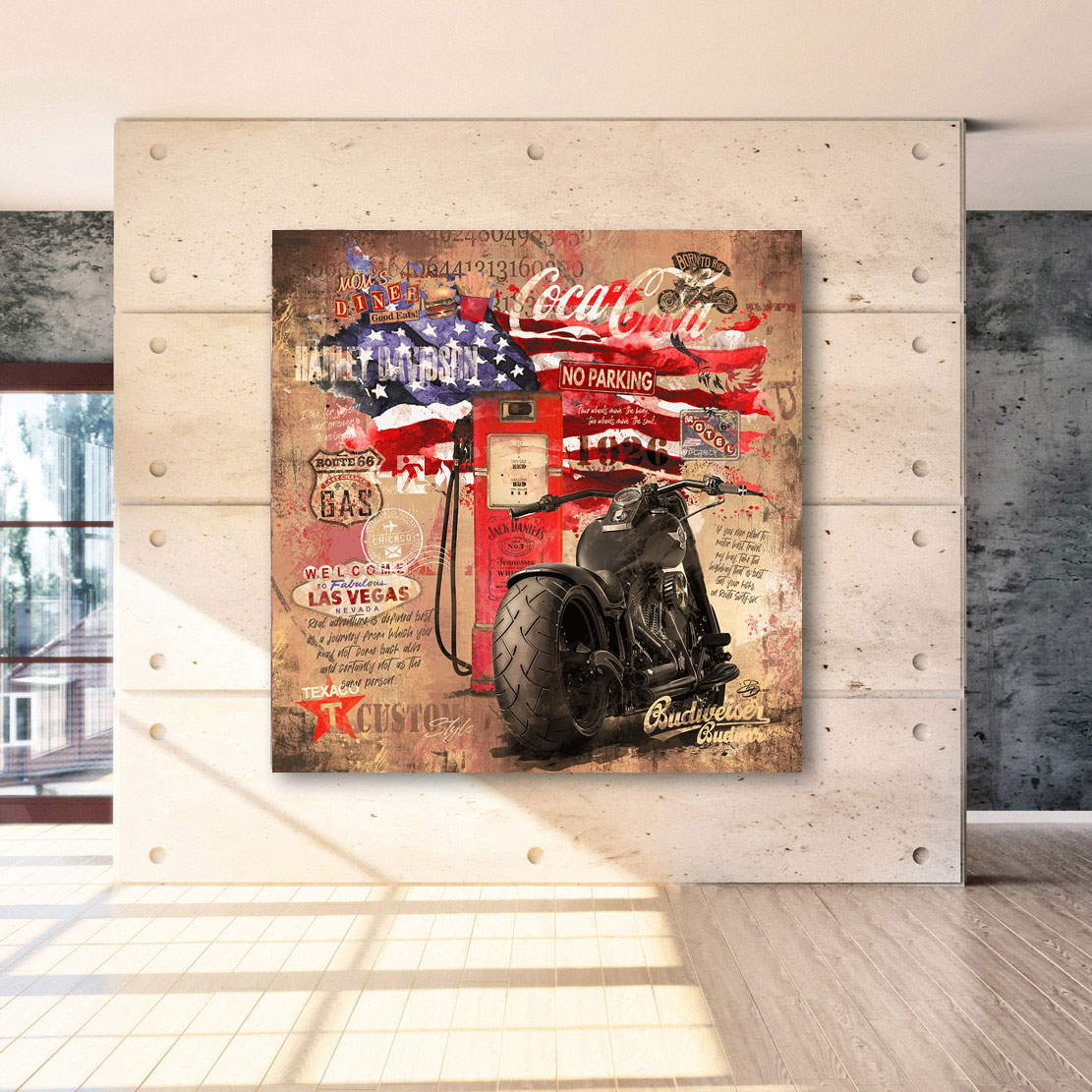 Wandbild Leinwandbild Harley Davidson Route 66 Vintage
