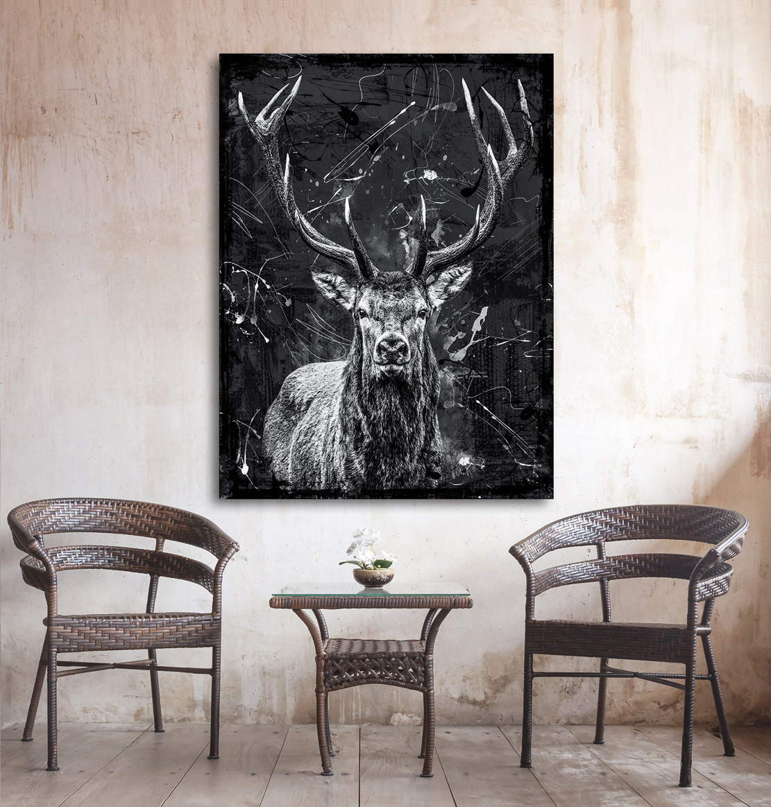Wandbild Hirsch Abstrakt Black Style