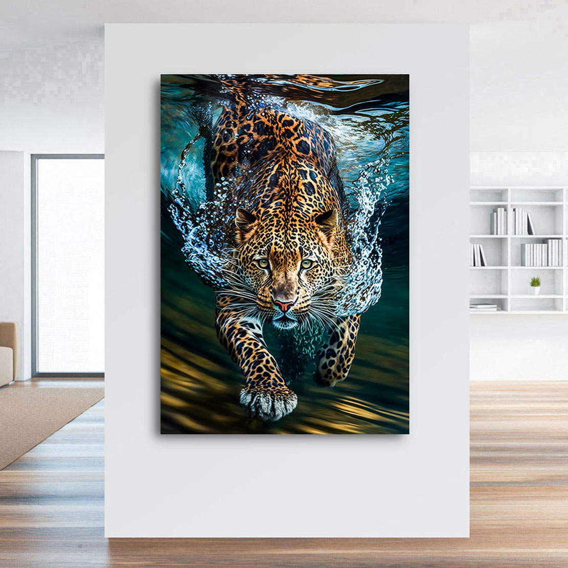 Leinwandbild Tauchender Leopard