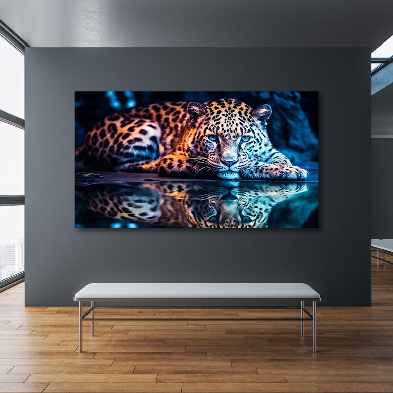 Tier Wandbild Leopard am Wasser