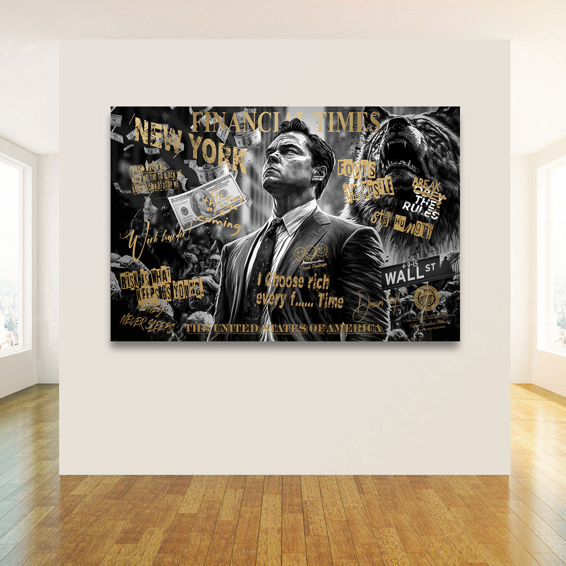 Motivations Leinwandbild Wallstreet Wolf Gold Style