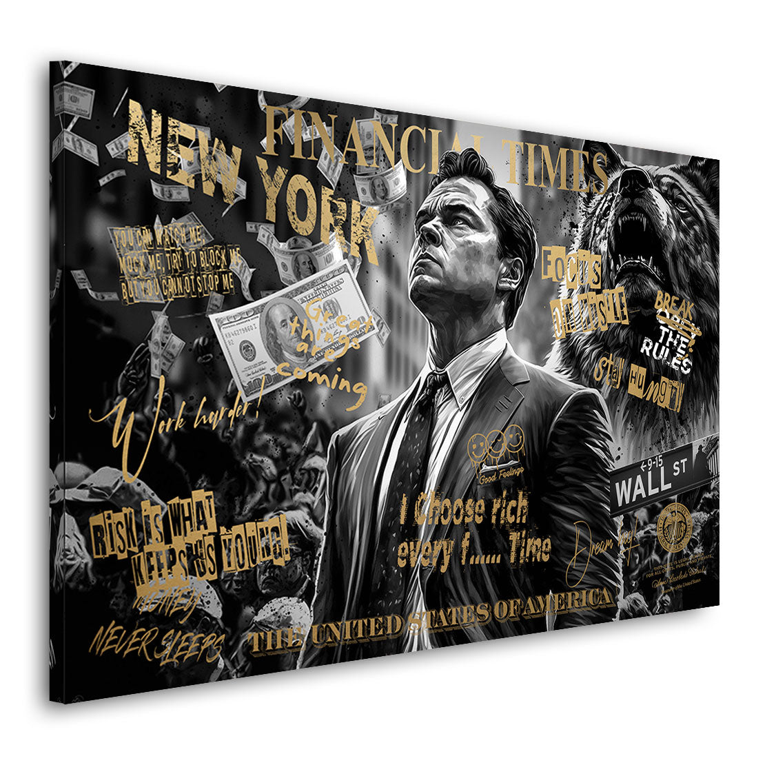 Motivations Leinwandbild Wallstreet Wolf Gold Style