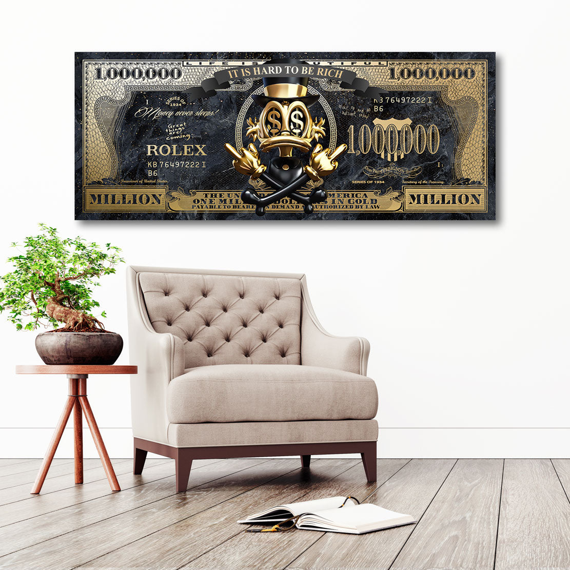 Wandbild Dagobert Duck Totenkopf Dollar Gold Style