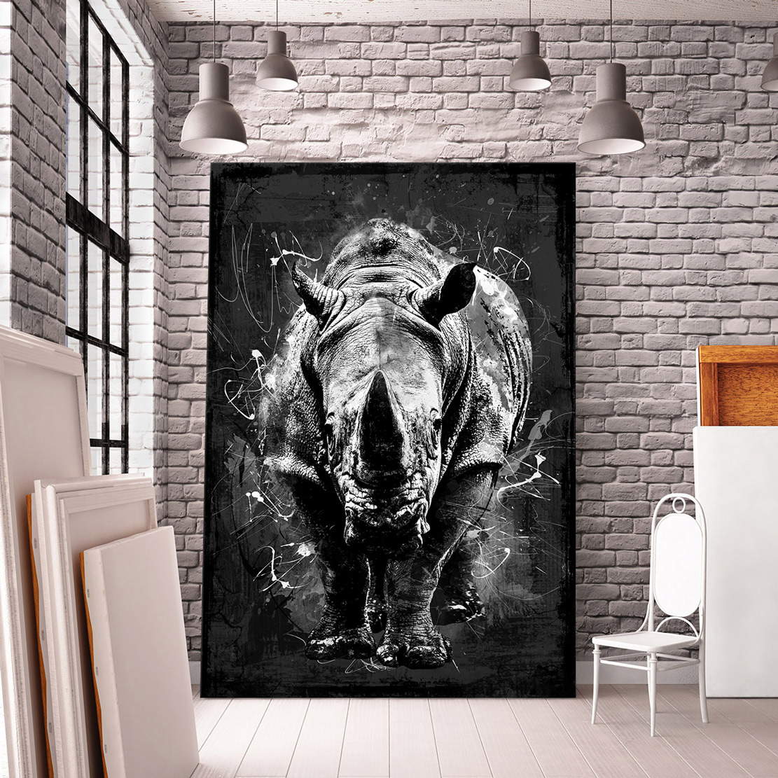 Wandbild Leinwandbild Nashorn schwarz weiss