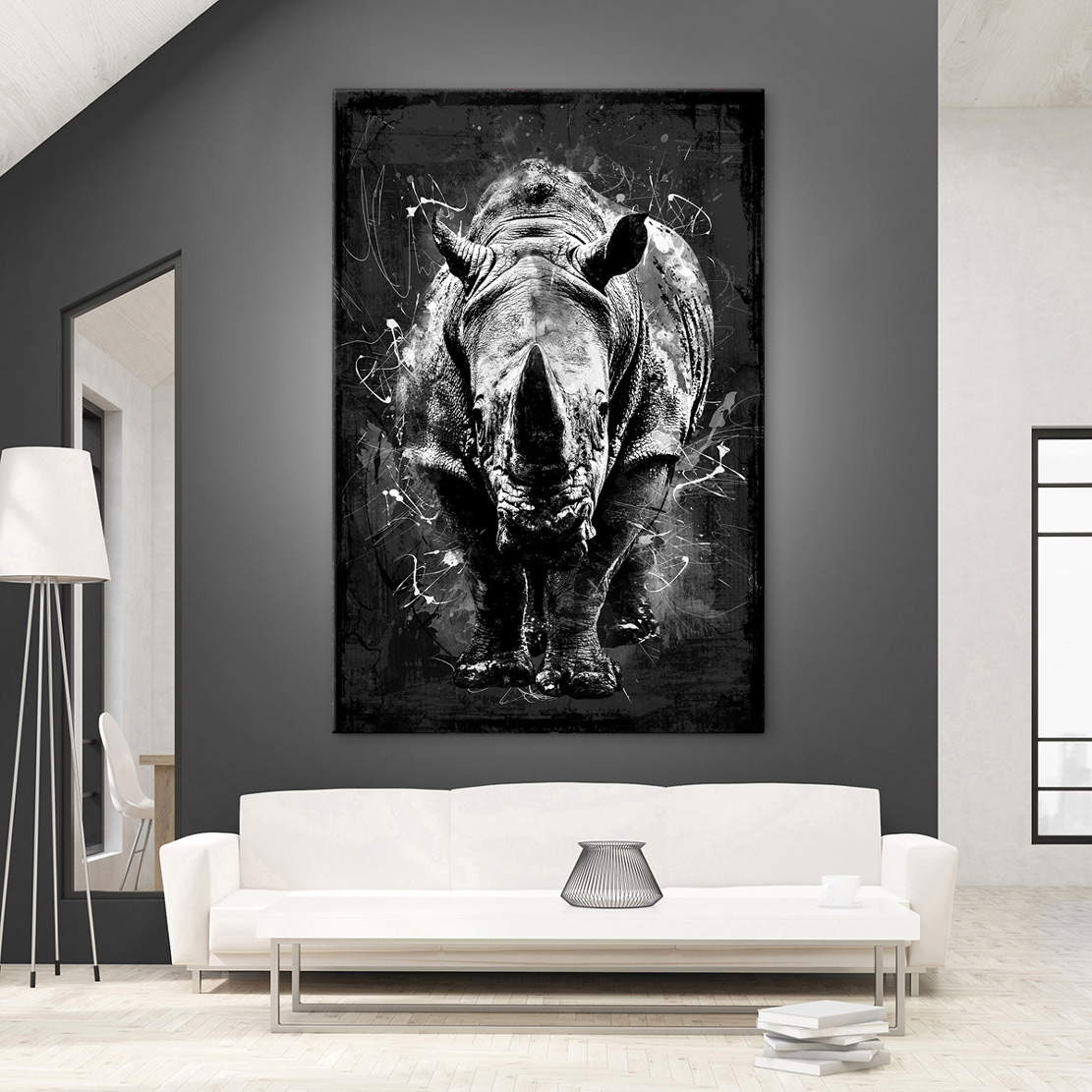Wandbild Leinwandbild Nashorn schwarz weiss