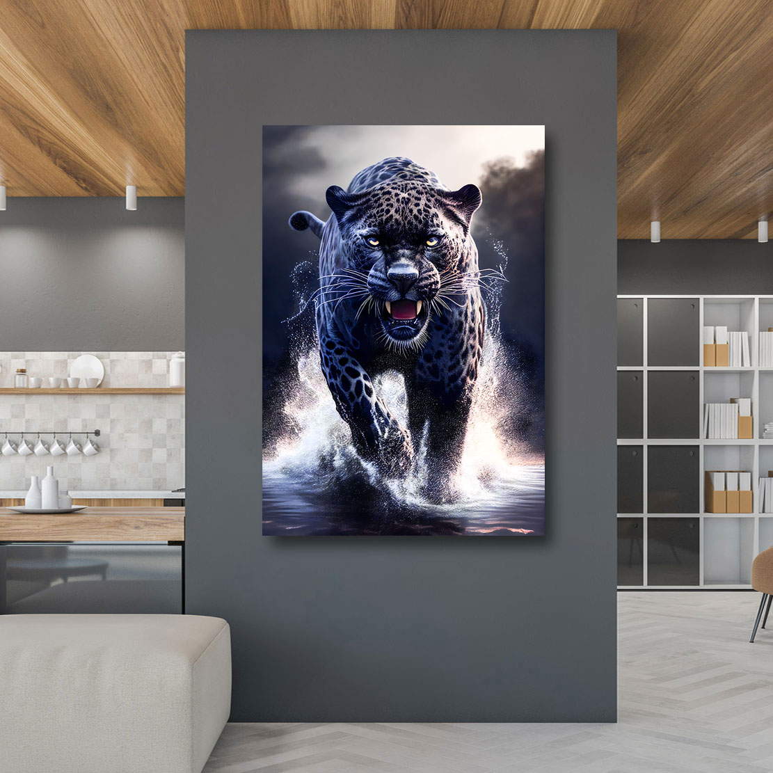 Leinwandbild Schwarzer Leopard im Wasser