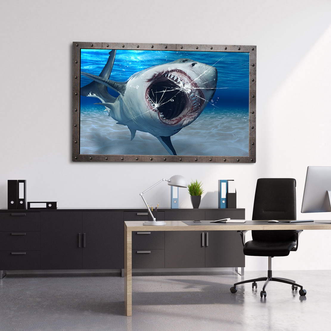 Wandbild Leinwandbild Hai broken Glas