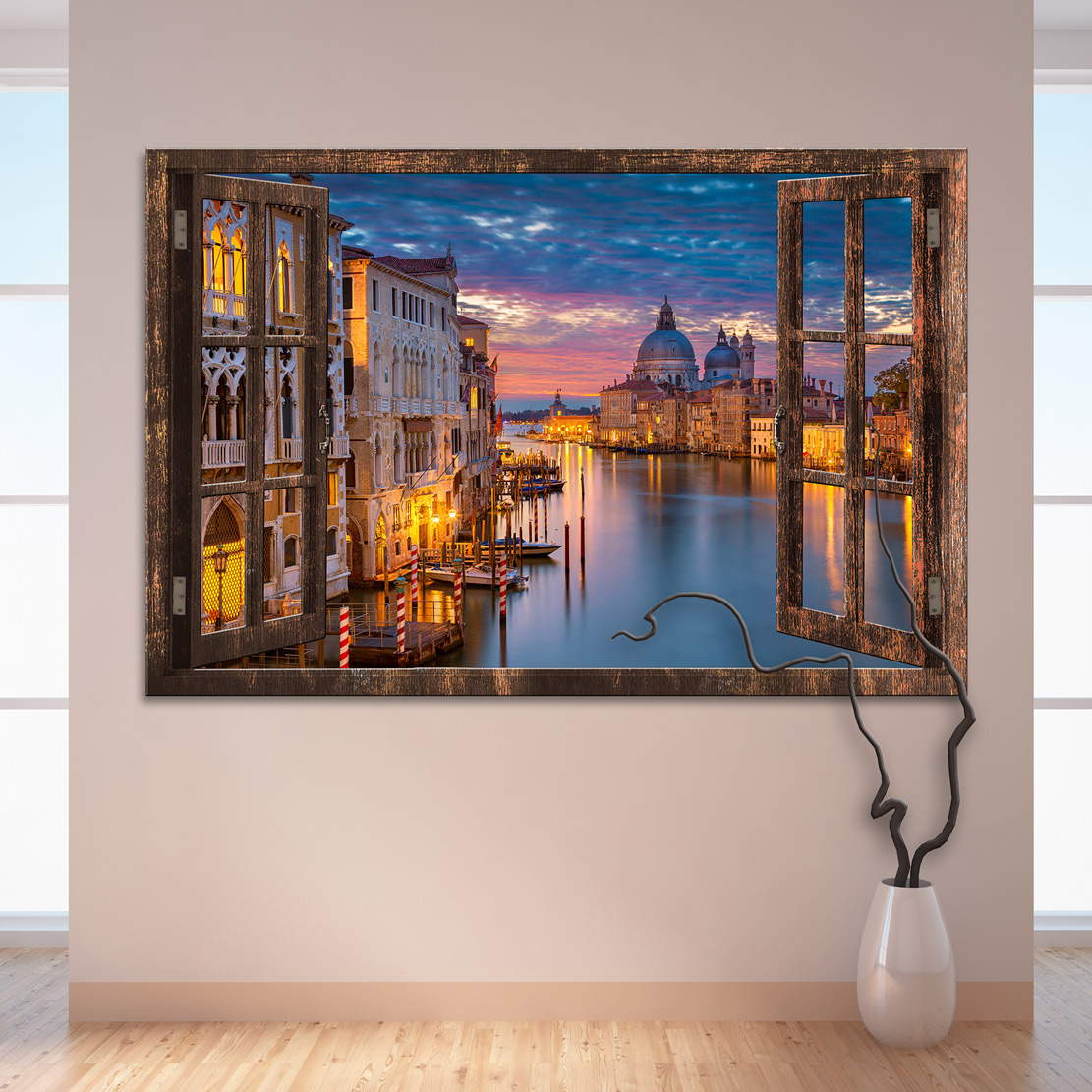 Wandbild Leinwandbild Venedig Fensterblick bei Nacht