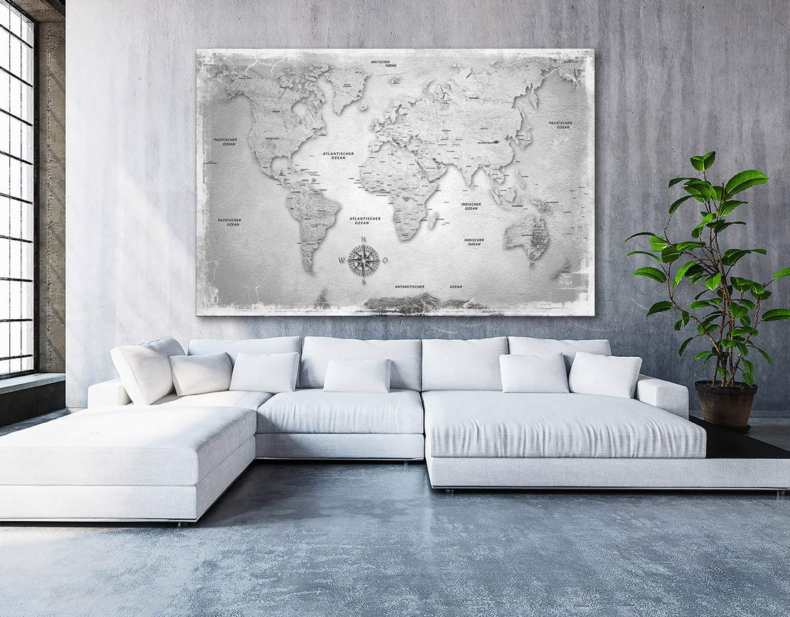 Wandbild Leinwandbild Weltkarte Silver Style