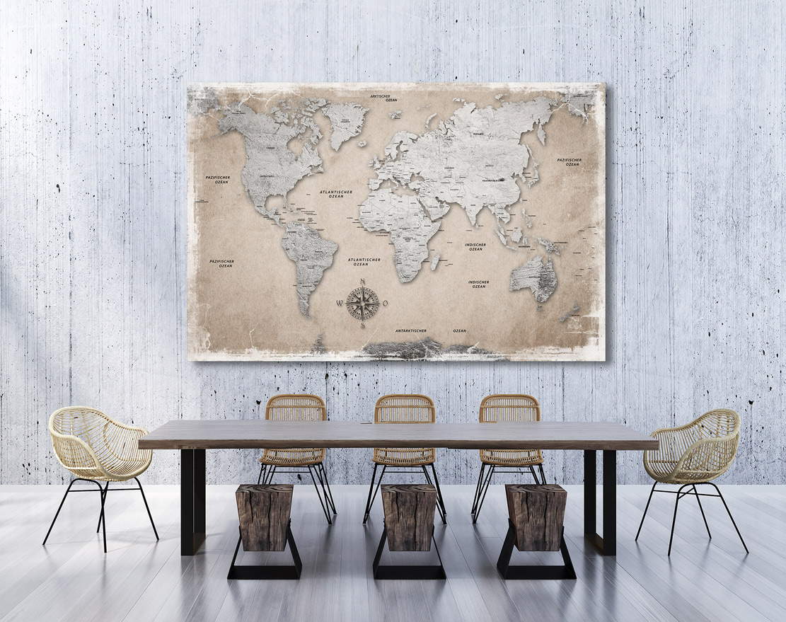 Wandbild Leinwandbild Weltkarte silver Desert