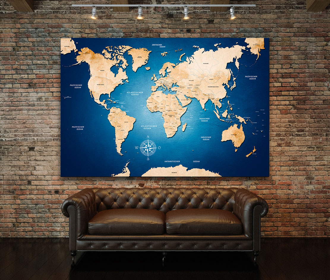 Wandbild Leinwandbild Weltkarte Shining Blue