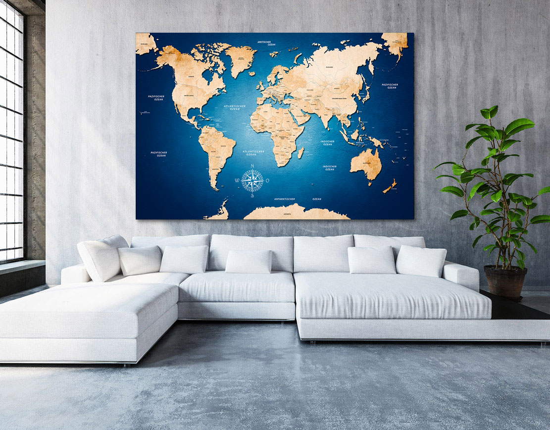 Wandbild Leinwandbild Weltkarte Shining Blue