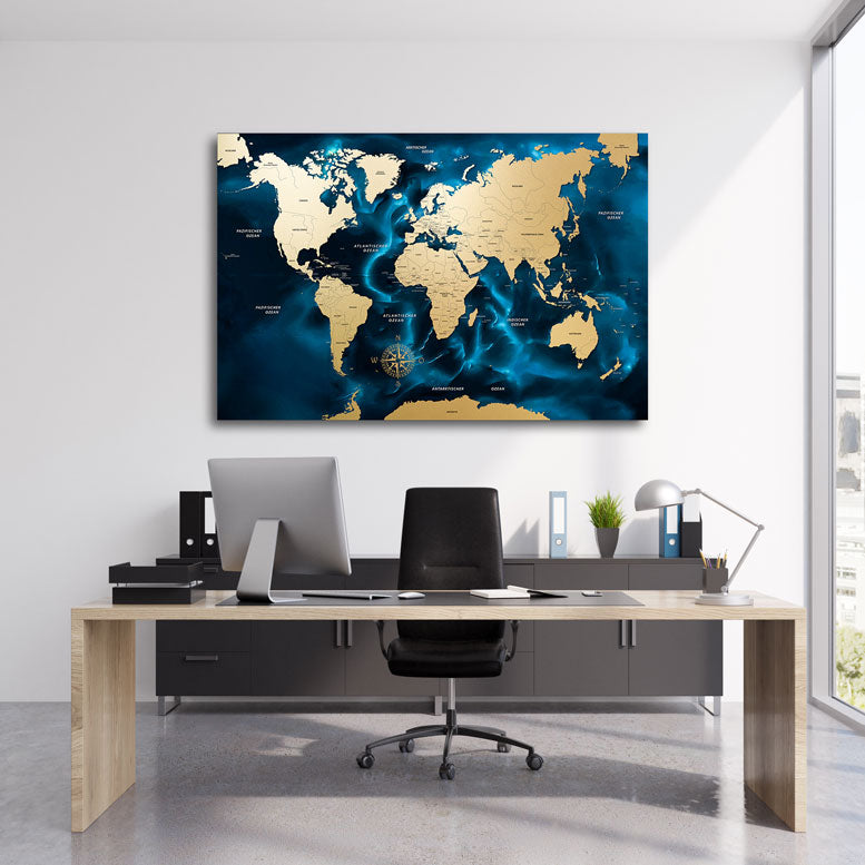 Wandbild Weltkarte Ocean Blue