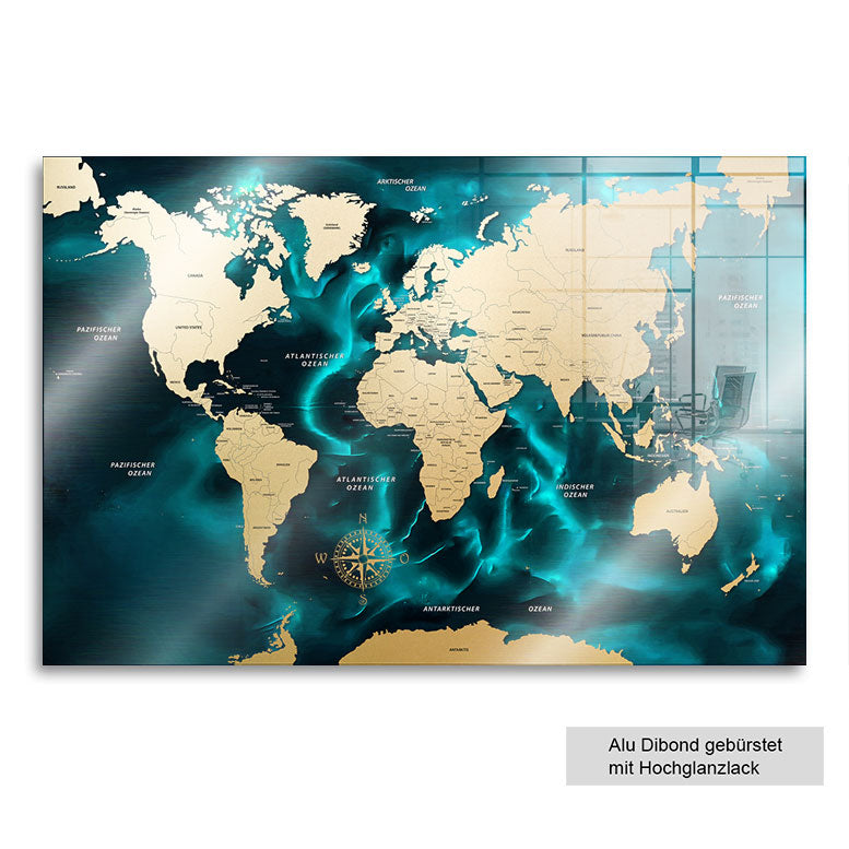Wandbild Weltkarte Ocean Türkis