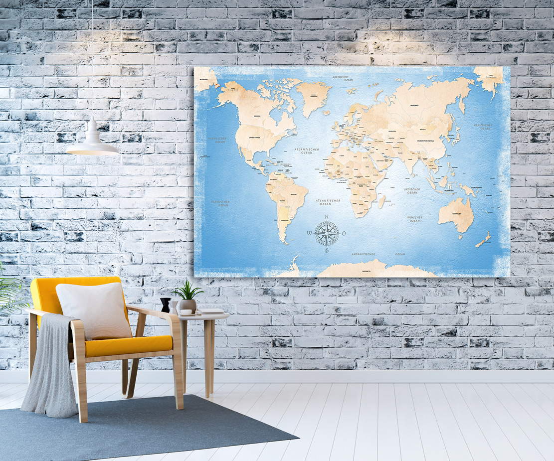 Wandbild Leinwandbild Weltkarte Himmelblau
